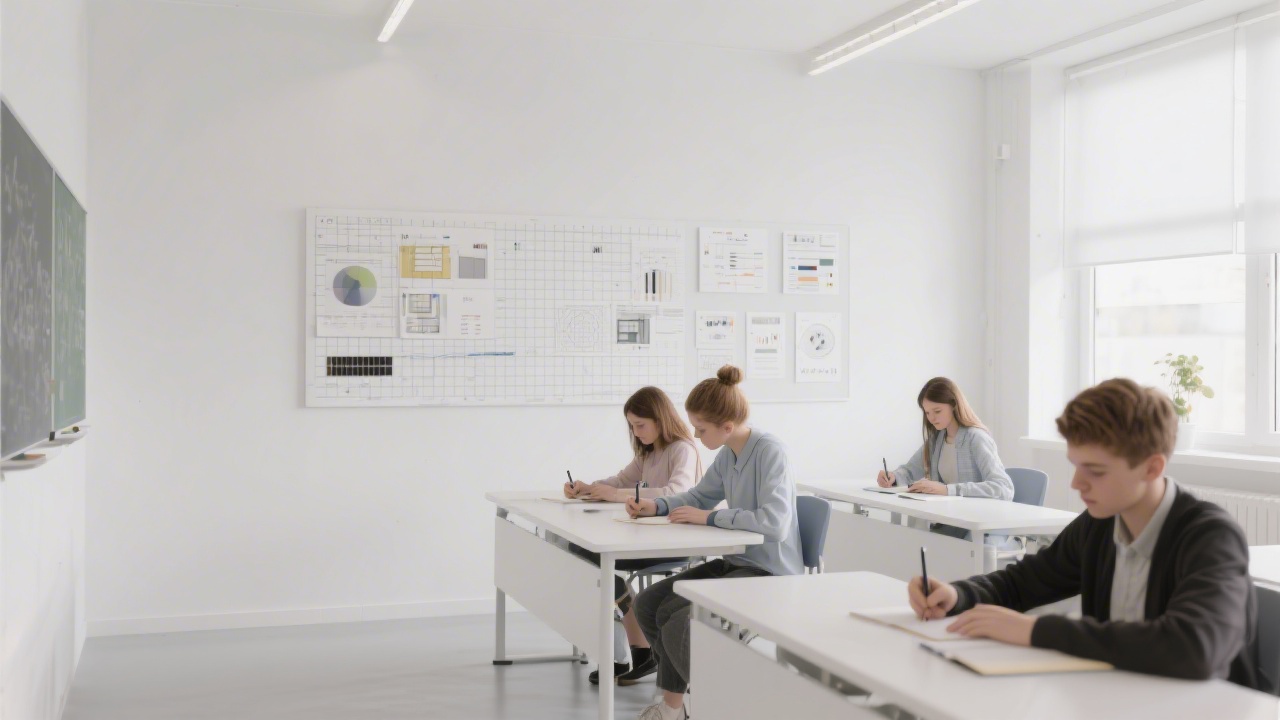Bright contemporary classroom with minimalist furniture, a wall-mounted display showing design grids, and students taking notes in a calm, organized environment.