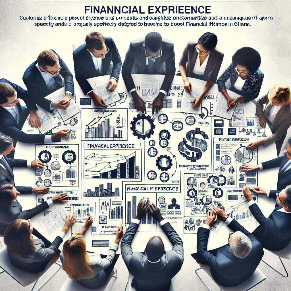 Financial skills consultants collaborating over data charts and planning frameworks to tailor programmes for Ghanaian participants.