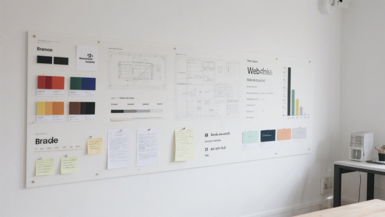 Detailed web design case study board with wireframes, brand color samples, typography scales, and user journey notes arranged on a large white wall in a calm studio.