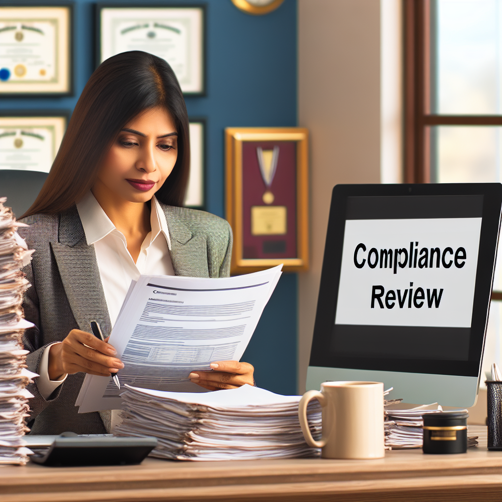 Compliance specialist reviewing financial governance documentation to ensure data protection and ethical standards are maintained.