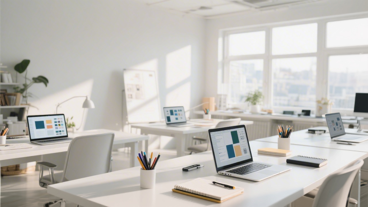 Sunlit design studio with large white desks, laptop screens showing modern UI layouts, notebooks and pen tools, and a calm, bright atmosphere suited for digital design training.