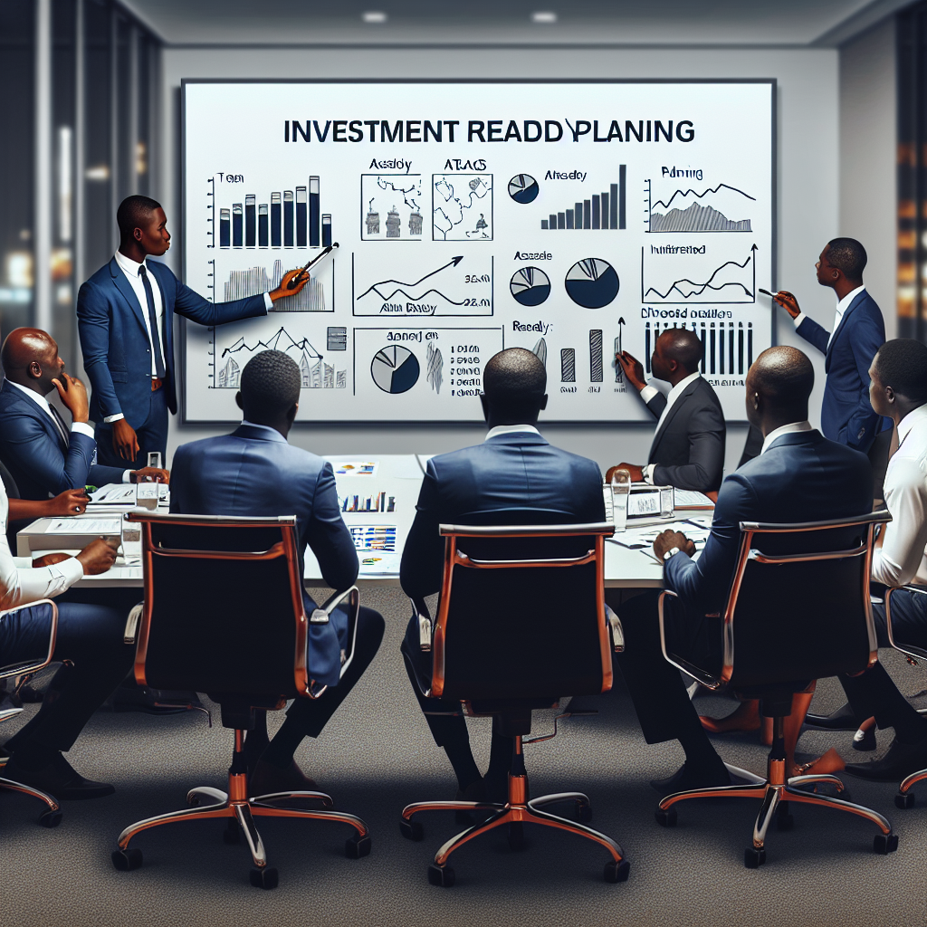 Ghanaian professionals collaborating on investment readiness plans with a facilitator outlining diversified asset allocation strategies.