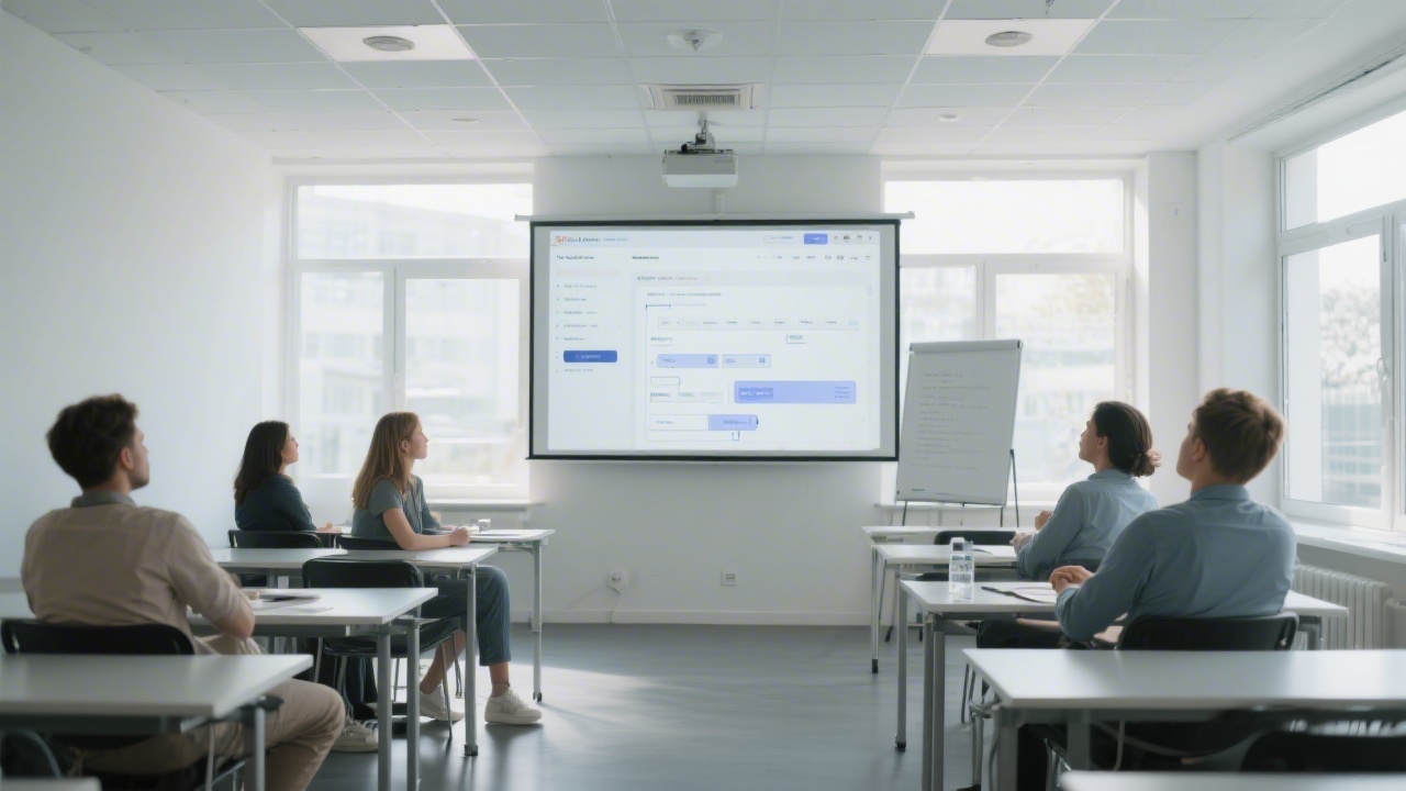 Wide training room with large screen showing a modern web layout, participants reviewing a UI flow, and light from windows creating a bright, clean environment.