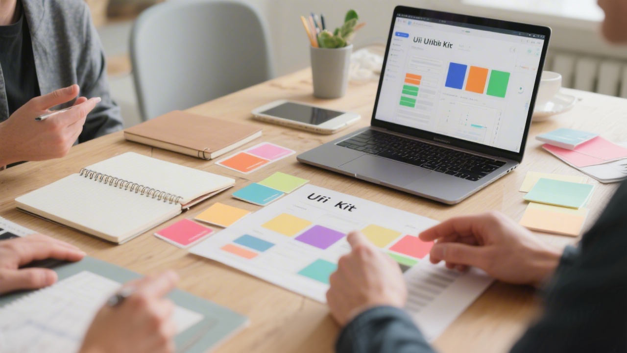 Close-up view of design workshop table with notebooks, color cards, a laptop showing a UI kit, and hands discussing layout decisions in a bright setting.